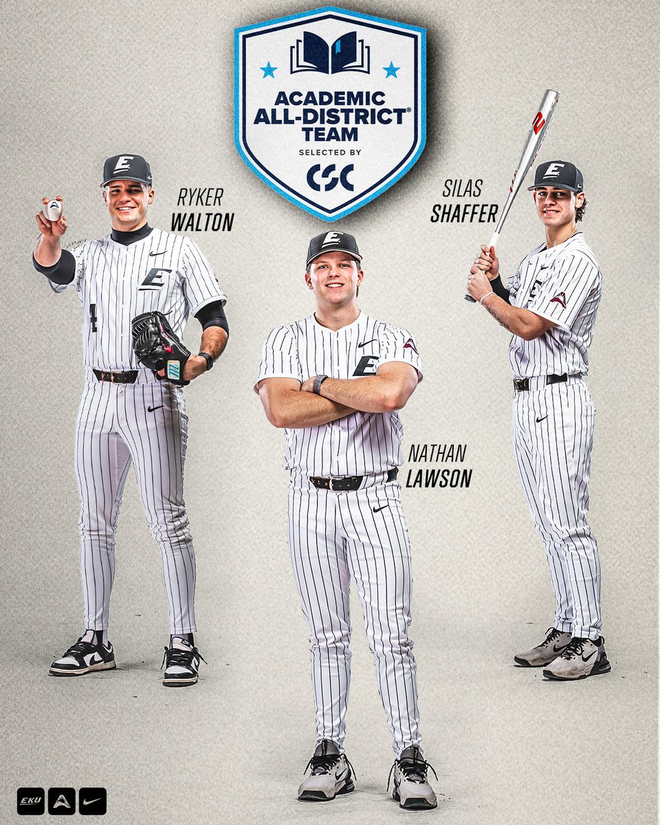 EKU Baseball (@ekubaseball) on Twitter photo Congrats to <a href="/RykerWalton/">ryker.walton</a>, <a href="/nathanlaw25/">Nathan Lawson</a> and <a href="/silasshaffer11/">Silas</a> on earning Academic All-District honors!
Read more 👉bit.ly/4n21g4D Congrats to <a href="/RykerWalton/">ryker.walton</a>, <a href="/nathanlaw25/">Nathan Lawson</a> and <a href="/silasshaffer11/">Silas</a> on earning Academic All-District honors!
Read more 👉bit.ly/4n21g4D