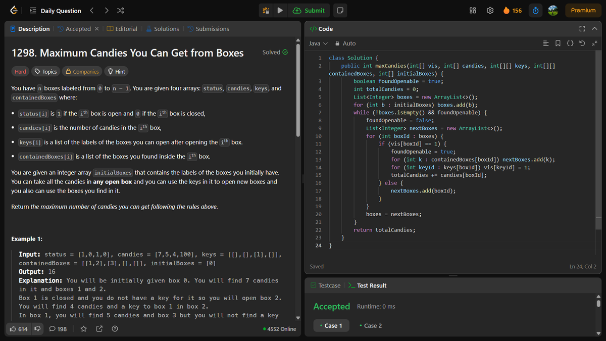 🚀 Day 76 of #100DaysOfCode
🧠 Solved: Maximum Candies You Can Get from Boxes 🍬📦
Type: BFS/DFS | Tricky Graph Logic!
From nested boxes to sweet rewards – LeetCode always surprises! 😅
<a href="/LeetCode/">LeetCode</a> @ThePramp <a href="/freeCodeCamp/">freeCodeCamp.org</a> <a href="/codeforces/">Codeforces</a> 
#LeetCode #Java #CodingJourney #DevCommunity