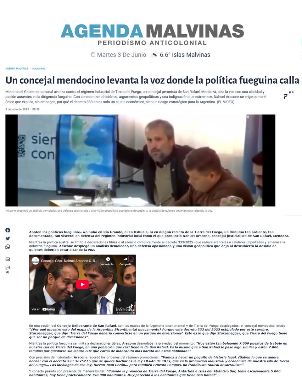 Nahuel Arscone (@narsconeok) on Twitter photo Quiero agradecer a <a href="/Agenda_Malvinas/">AgendaMalvinasOK</a> por replicar mis palabras en el Concejo Deliberante de San Rafael, en defensa de los derechos y los habitantes de Tierra del Fuego, Antártida e Islas del Atlántico Sur.
Somos muchos quienes defendemos la soberanía nacional de nuestra patria. Quiero agradecer a <a href="/Agenda_Malvinas/">AgendaMalvinasOK</a> por replicar mis palabras en el Concejo Deliberante de San Rafael, en defensa de los derechos y los habitantes de Tierra del Fuego, Antártida e Islas del Atlántico Sur.
Somos muchos quienes defendemos la soberanía nacional de nuestra patria.