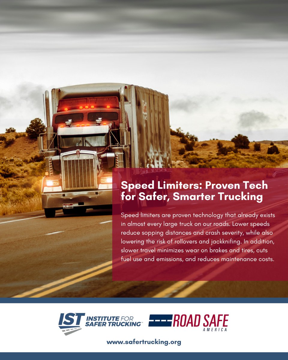 _SaferTrucking's tweet image. Speed limiters are more than just a safety feature; they’re a smart investment in safer roads.
Already installed in most large trucks, speed limiters promote a culture of responsible driving.
