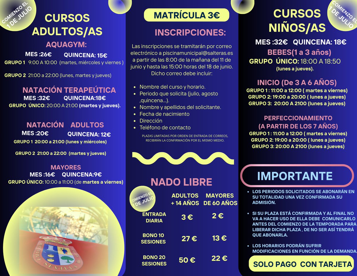 Ayto. Salteras (@aytosalteras) on Twitter photo 🌞 VERANO 2025 EN LA PISCINA MUNICIPAL DE SALTERAS 🌊
🗓️Inicio de cursos: 1 de julio
🗓️ Inscripciones: Del 11 al 18 de junio
📍 Información de contacto: 955 707 139
piscinamunicipal@salteras.es
#Salteras #Verano2025 #PiscinaMunicipal #Natación #ActividadesAcuáticas 🌞 VERANO 2025 EN LA PISCINA MUNICIPAL DE SALTERAS 🌊
🗓️Inicio de cursos: 1 de julio
🗓️ Inscripciones: Del 11 al 18 de junio
📍 Información de contacto: 955 707 139
piscinamunicipal@salteras.es
#Salteras #Verano2025 #PiscinaMunicipal #Natación #ActividadesAcuáticas