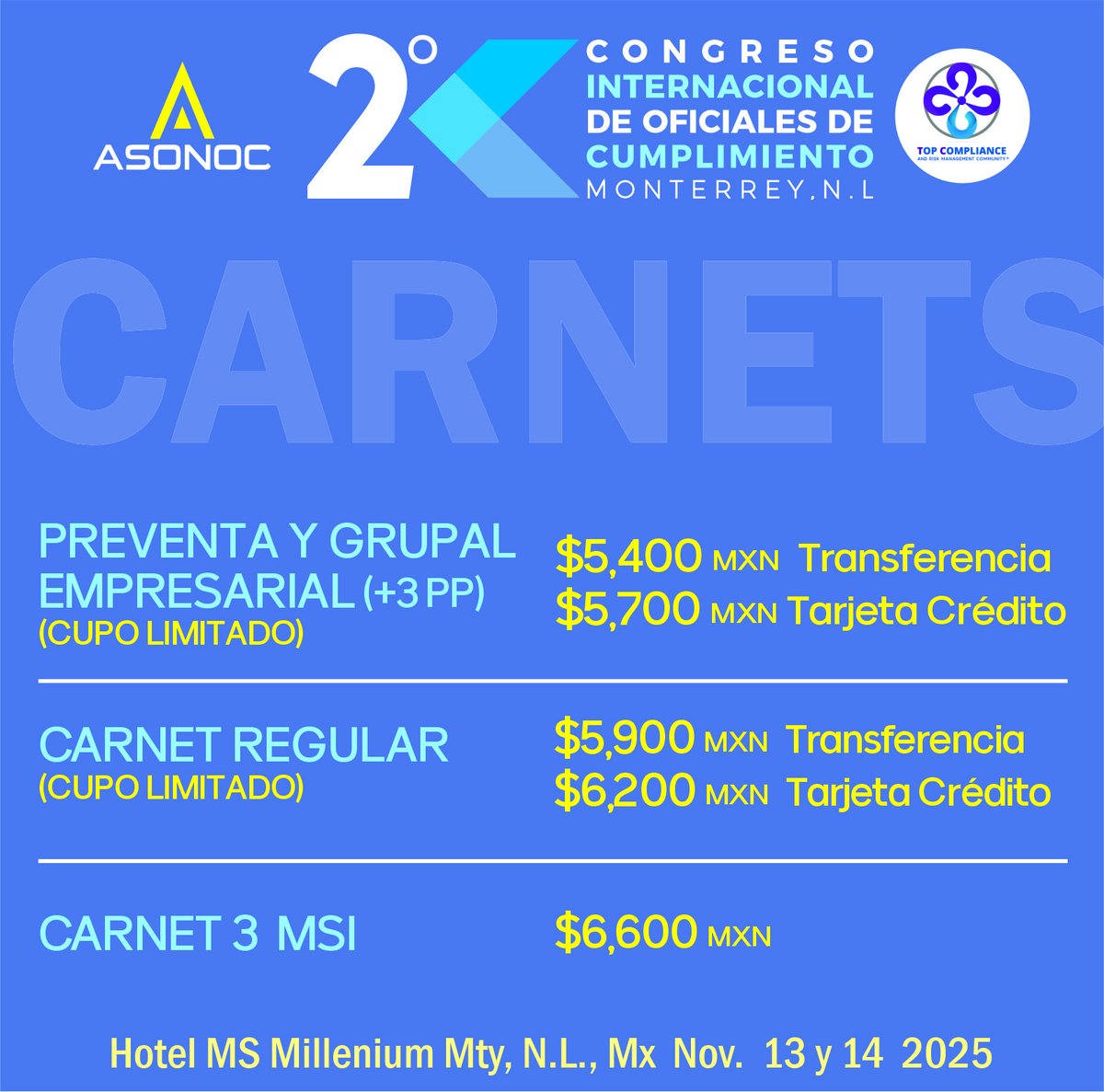 ASONOC1's tweet photo. 💥 ¡Preventa exclusiva para el 2o. Congreso Internacional de Oficiales de Cumplimiento, en Monterrey, N.L., México!💥 

🎟️Hasta el 31 de agosto de 2025! 
🚨 CUPO LIMITADO !! (EL CARNET DEBE ESTAR LIQUIDADO PARA RESPETAR EL LUGAR)  

✍🏻 Regístrate aquí  https://t.co/gAZsysGO8o https://t.co/jjfhtiw2fJ
