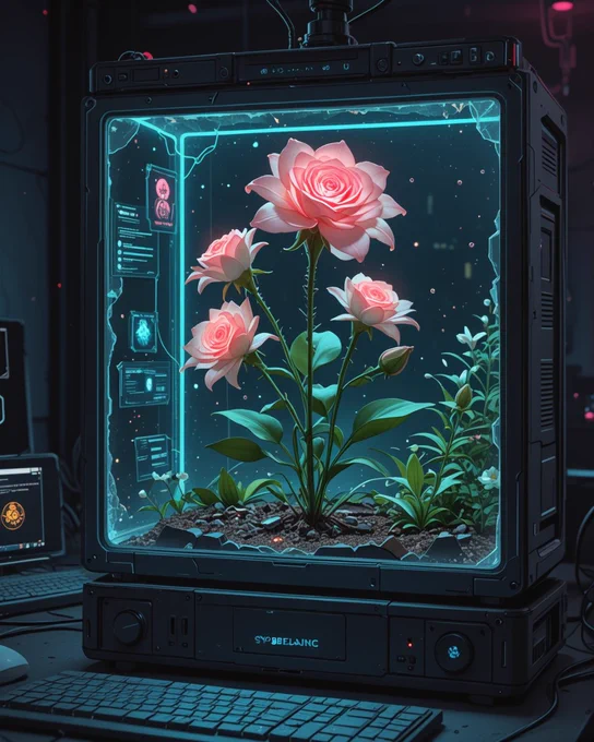 Digital illustration of vibrant pink roses growing inside an open, futuristic computer terminal with a holographic display, set in a dimly lit room filled with tech equipment.