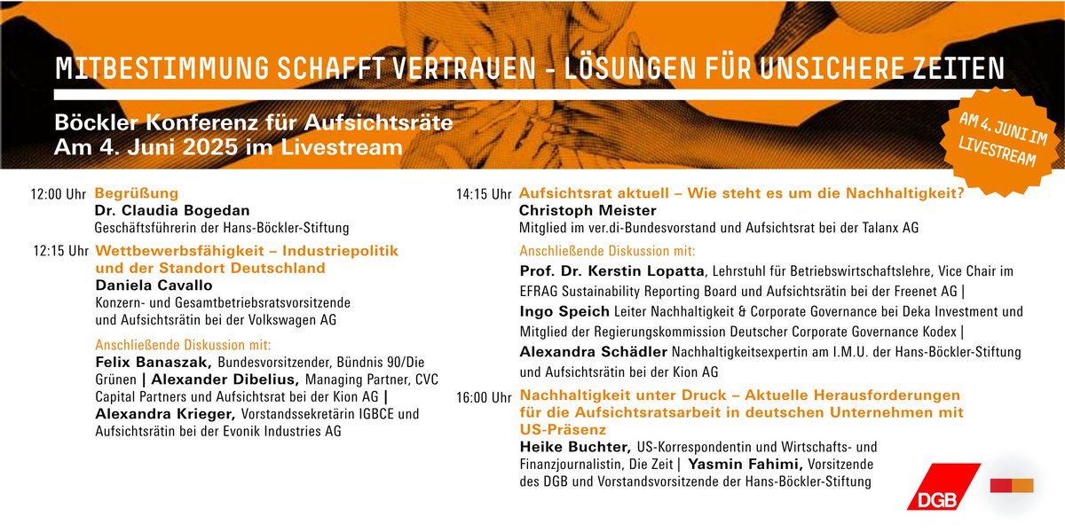 Hans-Böckler-Stiftung (@boeckler_de) on Twitter photo Am 4. Juni findet unsere Böckler Konferenz für Aufsichtsräte statt. Thema: #Mitbestimmung und Lösungen für unsichere Zeiten💡Mit dabei: Daniela Cavallo, Christoph Meister, Yasmin Fahimi u.v.m. I <a href="/dgb_news/">DGB - Deutscher Gewerkschaftsbund</a>
Tag 1 morgen ab 12 Uhr hier im Livestream: boeckler.de/de/aktuelle-ve… Am 4. Juni findet unsere Böckler Konferenz für Aufsichtsräte statt. Thema: #Mitbestimmung und Lösungen für unsichere Zeiten💡Mit dabei: Daniela Cavallo, Christoph Meister, Yasmin Fahimi u.v.m. I <a href="/dgb_news/">DGB - Deutscher Gewerkschaftsbund</a>
Tag 1 morgen ab 12 Uhr hier im Livestream: boeckler.de/de/aktuelle-ve…