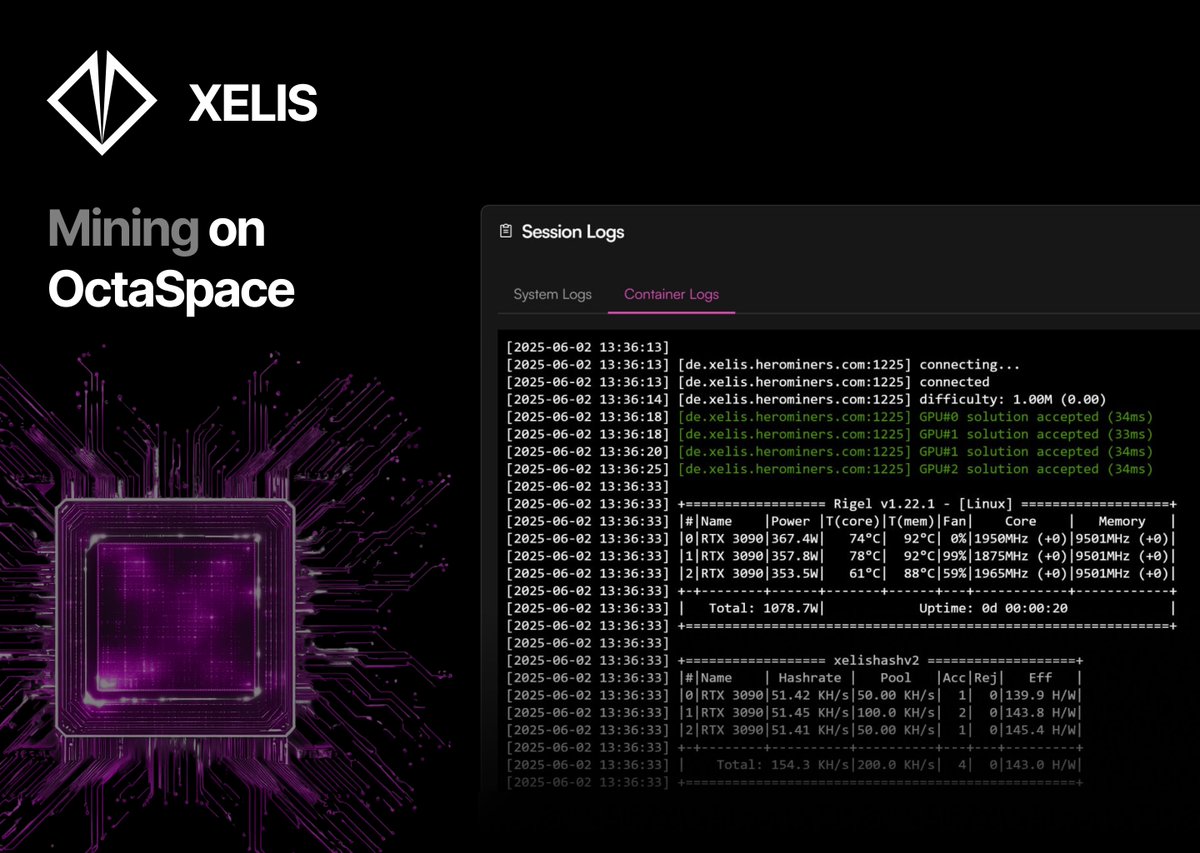 Press a button. Mine $XEL ⛏️

We've just implemented the ability to mine Xelis on our marketplace using either CPU or GPU nodes.

Mining has never been more accessible with OctaSpace.
