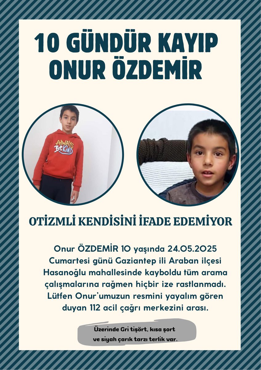 Araban Hasanoğlu mahallesinde fıstık bahçesinde kaybolan Onur Özdemir’in 10 gündür izine rastlanmadı. Lütfen duyarlı olalım RT yapalım.

#OnurÖzdemirNerede #OnurÖzdemireNeOldu
 
<a href="/GundemiAntep27/">Antep Gündemi</a> <a href="/orhanuslu27/">Orhan Uslu</a> <a href="/melih_meric/">Melih Meriç</a> <a href="/PINAR_BK_2023/">PINAR BK</a> <a href="/ugurkalkan1923/">Uğur Kalkan</a> <a href="/AntepBildirim/">Antep Bildirim</a> <a href="/okkesozeksi/">Ökkeş Özekşi</a>