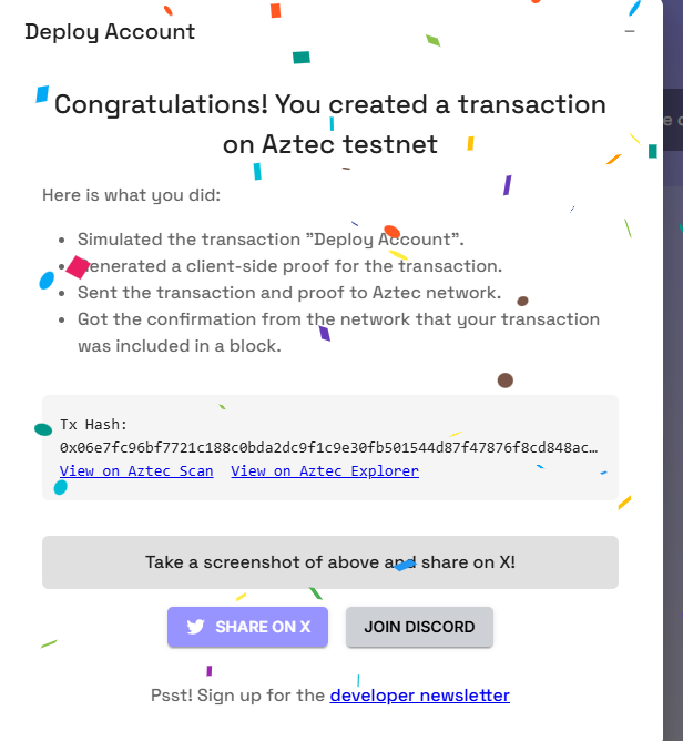 Make privacy and zk cool again
I sent a private transaction on <a href="/aztecnetwork/">Aztec</a> Public Testnet by generating a client-side proof.
Try it yourself with Aztec Playground: play.aztec.network