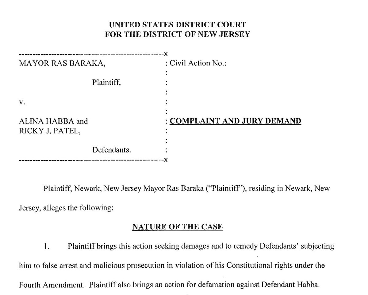 Spitfire (@dogrightgirl) on Twitter photo The Mayor of Newark just sued <a href="/USAttyHabba/">US Attorney Habba</a>
"As a result of the false arrest, Plaintiff suffered reputational harm, emotional distress, and other damage."
This is why you don’t cave to Democrats. Habba didn’t charge Barraka and now he is suing her, regardless. The Mayor of Newark just sued <a href="/USAttyHabba/">US Attorney Habba</a>
"As a result of the false arrest, Plaintiff suffered reputational harm, emotional distress, and other damage."
This is why you don’t cave to Democrats. Habba didn’t charge Barraka and now he is suing her, regardless.