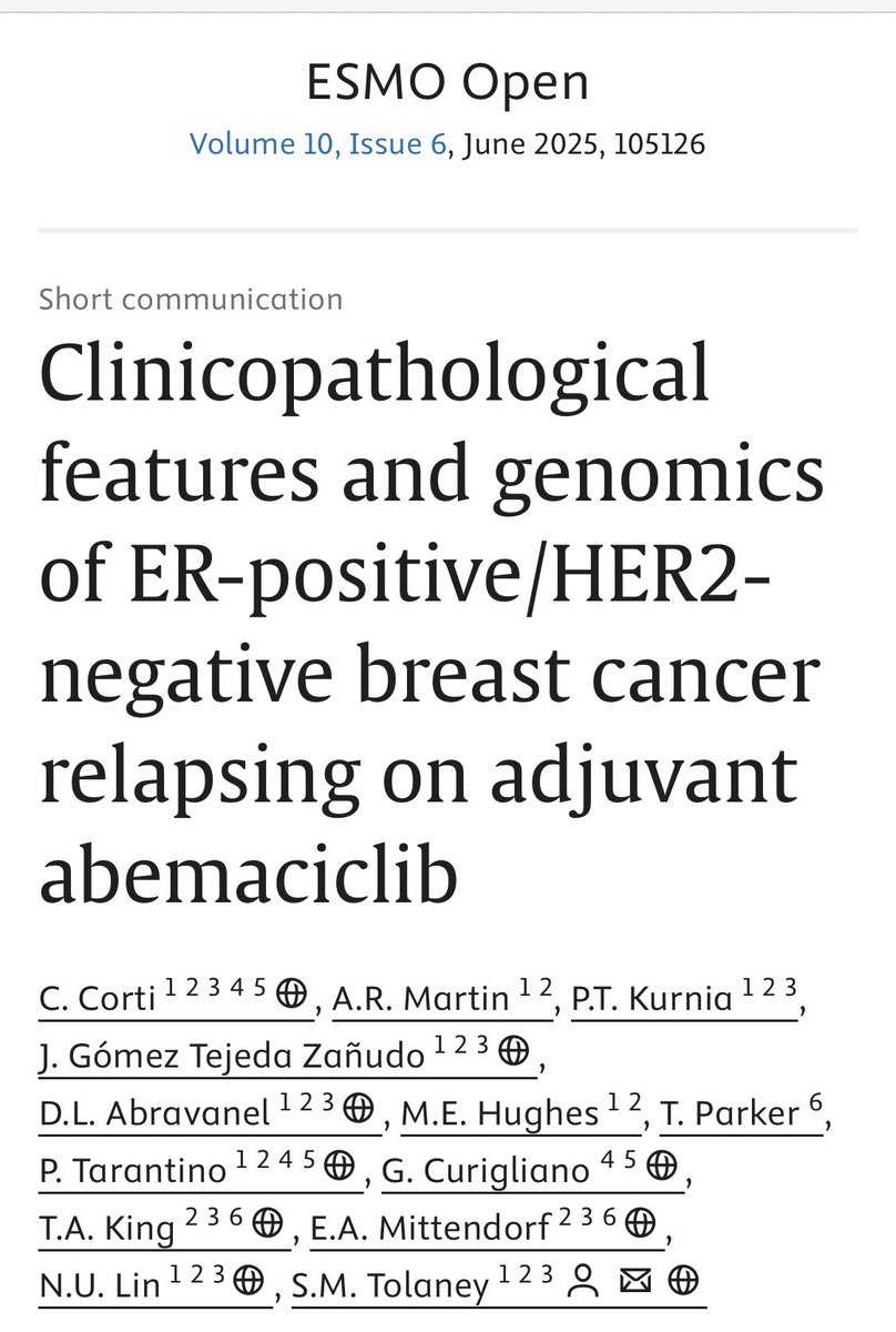 Pleased to share the first series of pts who experienced recurrence on adjuvant abemaciclib+ET:

➤ 9.2% (15/163) recurred
➤ 50% ER loss post-tx
➤ 90% TP53-pathway alterations post-tx
➤ Median 1L m+ tx duration: 3.0 mo (IQR 1.6–5.0)

shorturl.at/ZnMI5