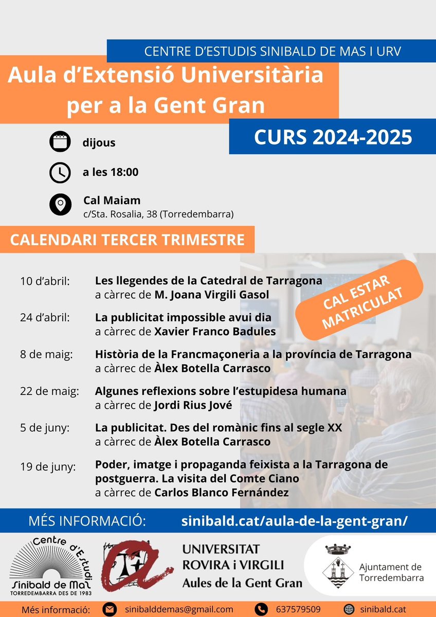 Centre d'Estudis Sinibald de Mas de Torredembarra (@sinibalddemas) on Twitter photo Aquest dijous, 5 de juny, nova sessió de l’Aula de la Gent Gran <a href="/universitatURV/">Universitat Rovira i Virgili</a> <a href="/Sinibalddemas/">Centre d'Estudis Sinibald de Mas de Torredembarra</a> <a href="/AjTorredembarra/">Aj. de Torredembarra</a> “La publicitat. Del romànic al segle XX”, per Àlex Botella. A cal Maiam, a les 18 h. Aquest dijous, 5 de juny, nova sessió de l’Aula de la Gent Gran <a href="/universitatURV/">Universitat Rovira i Virgili</a> <a href="/Sinibalddemas/">Centre d'Estudis Sinibald de Mas de Torredembarra</a> <a href="/AjTorredembarra/">Aj. de Torredembarra</a> “La publicitat. Del romànic al segle XX”, per Àlex Botella. A cal Maiam, a les 18 h.