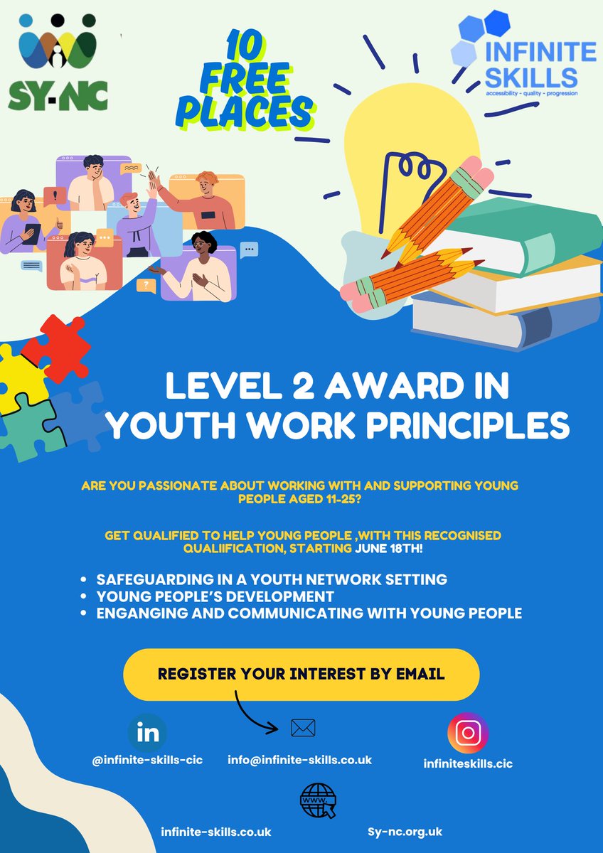 Infinite Skills CiC (@infiniteskillsc) on Twitter photo π¨ 10 FREE SPACES!
Train in Youth Work Principles (Level 2) with Infinite Skills CIC β starting June 18th!
βοΈ Safeguarding
βοΈ Youth Development
βοΈ Communication Skills
π§ info@infinite-skills.co.uk
π infinite-skills.co.uk
#YouthWork #Sheffield #CommunityLeaders #SYNC π¨ 10 FREE SPACES!
Train in Youth Work Principles (Level 2) with Infinite Skills CIC β starting June 18th!
βοΈ Safeguarding
βοΈ Youth Development
βοΈ Communication Skills
π§ info@infinite-skills.co.uk
π infinite-skills.co.uk
#YouthWork #Sheffield #CommunityLeaders #SYNC