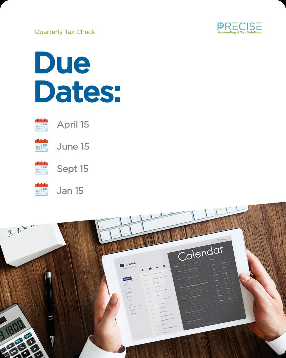 preciseacctax's tweet image. Do you owe estimated taxes?
Let us calculate your quarterly payments and avoid IRS penalties.
June 15 is around the corner!
Call (301) 541-3145 or Book and Appointment - preciseacctax.com 
#PreciseAccTax #QuarterlyTaxes #FileSmart