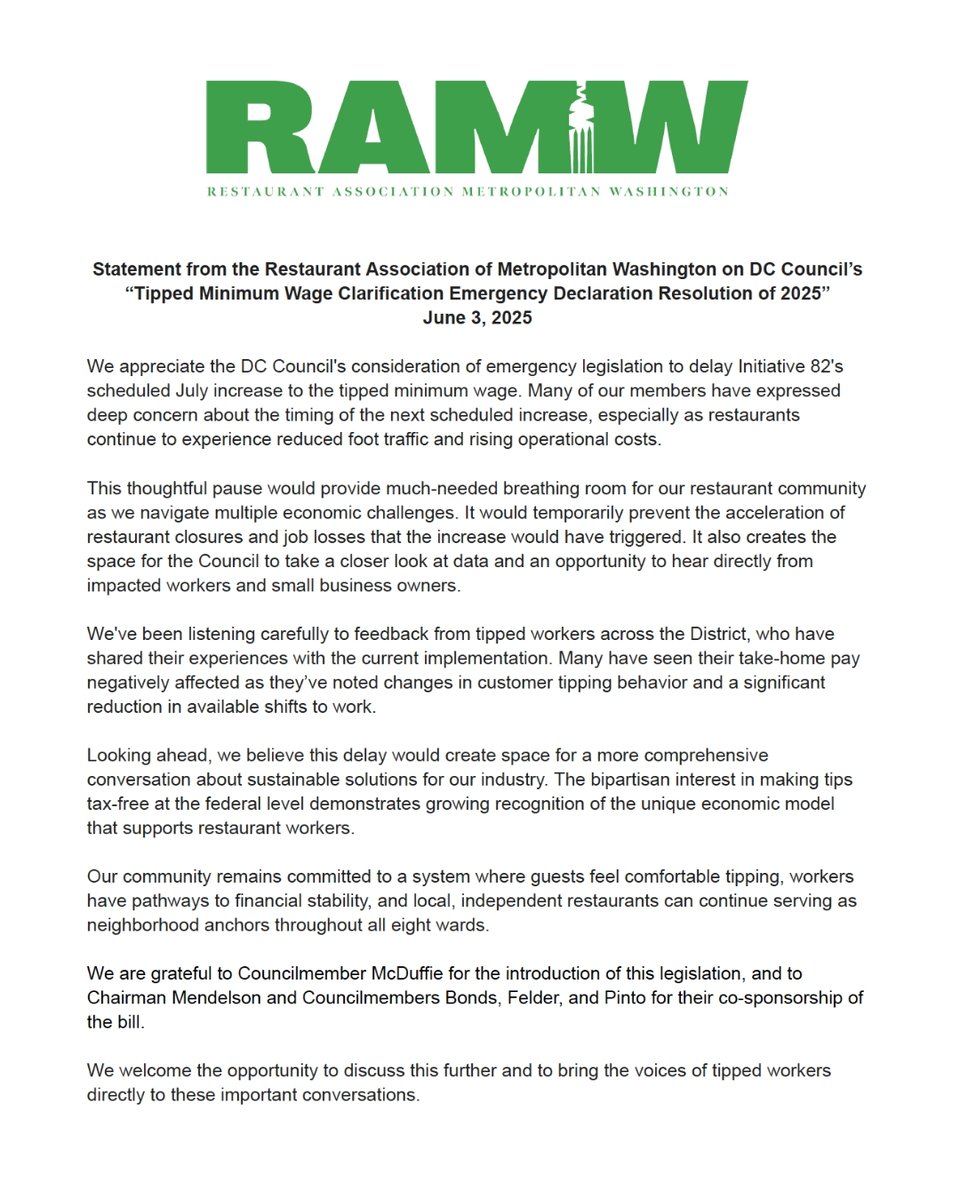 RAMW (@ramwdc) on Twitter photo We urge the <a href="/councilofdc/">Council of DC</a> to pass today’s vitally important emergency legislation to delay Initiative 82's scheduled July increase to the tipped minimum wage. #saveDCrestaurants
Full Statement: tinyurl.com/mucc44p5 We urge the <a href="/councilofdc/">Council of DC</a> to pass today’s vitally important emergency legislation to delay Initiative 82's scheduled July increase to the tipped minimum wage. #saveDCrestaurants
Full Statement: tinyurl.com/mucc44p5