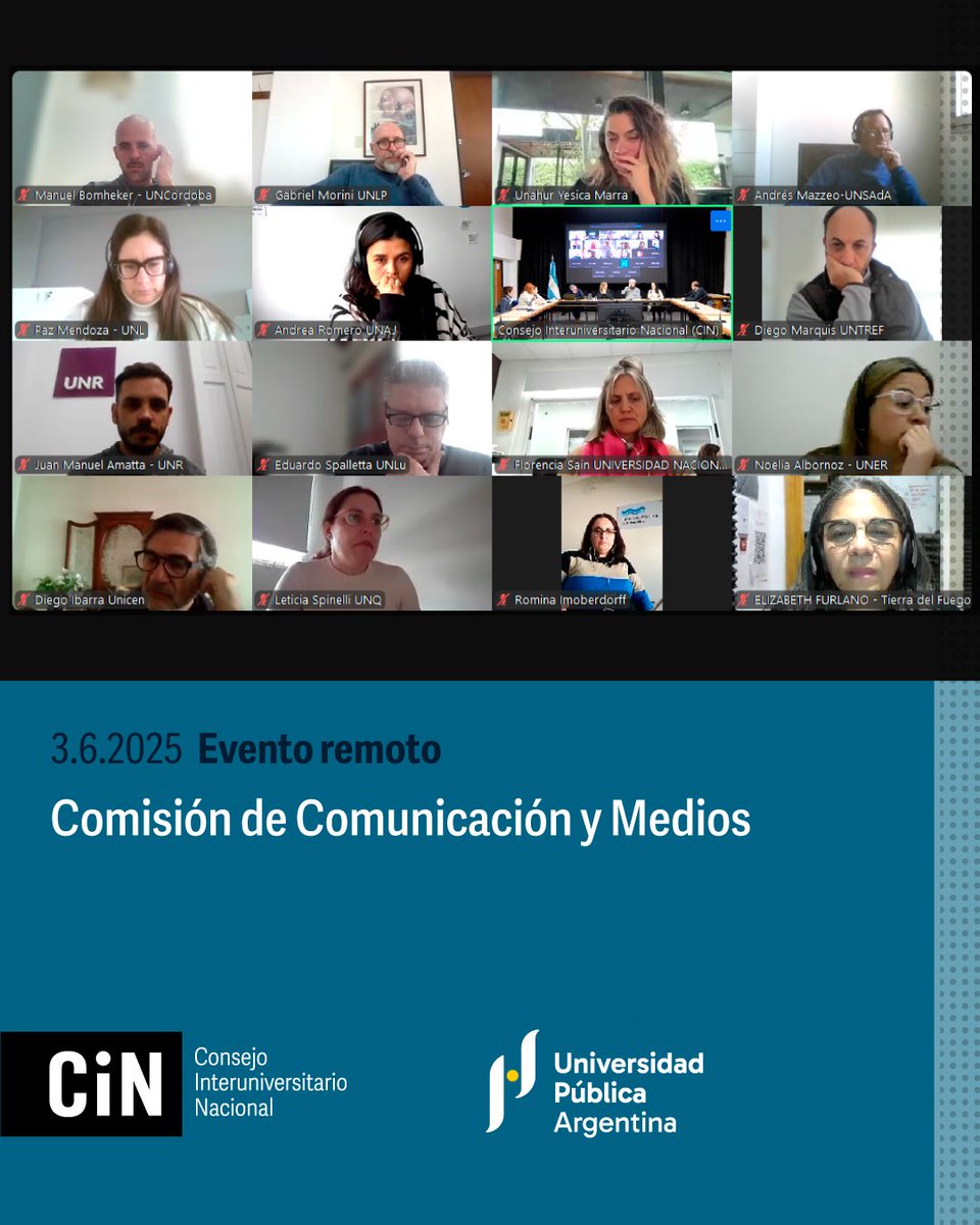 Se realizó en formato remoto una nueva reunión de la Comisión de Comunicación y Medios del #CIN, con la participación de su presidenta, Agustina Rodríguez Saá, y del rector coordinador de la Asociación de Radiodifusoras Universitarias Nacionales Argentinas (ARUNA), Daniel Galli.