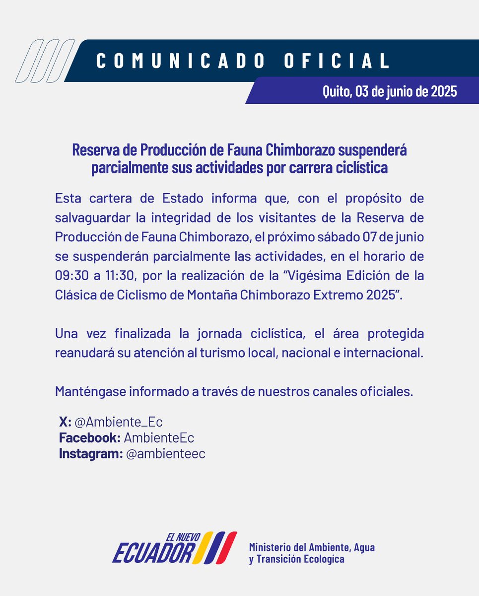 🟢 El Ministerio del Ambiente, Agua y Transición Ecológica informa a los visitantes de la Reserva de Producción de Fauna #Chimborazo 🚵🏼‍♀️⤵️