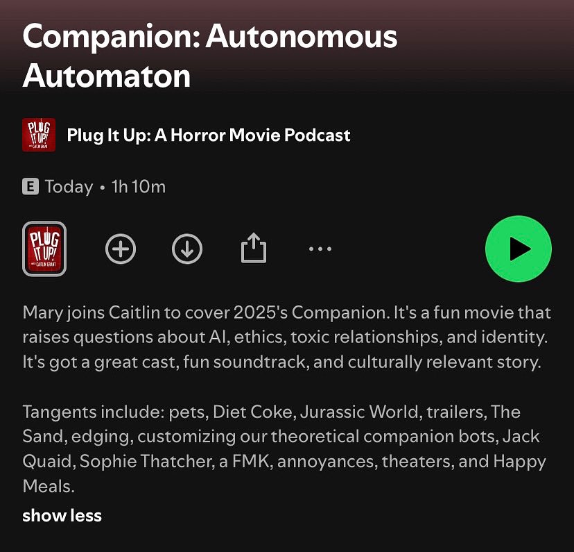 The Companion episode is up! Find it wherever you get your podcasts. Big thanks to Mary for joining! 🦾 #companionmovie #horror