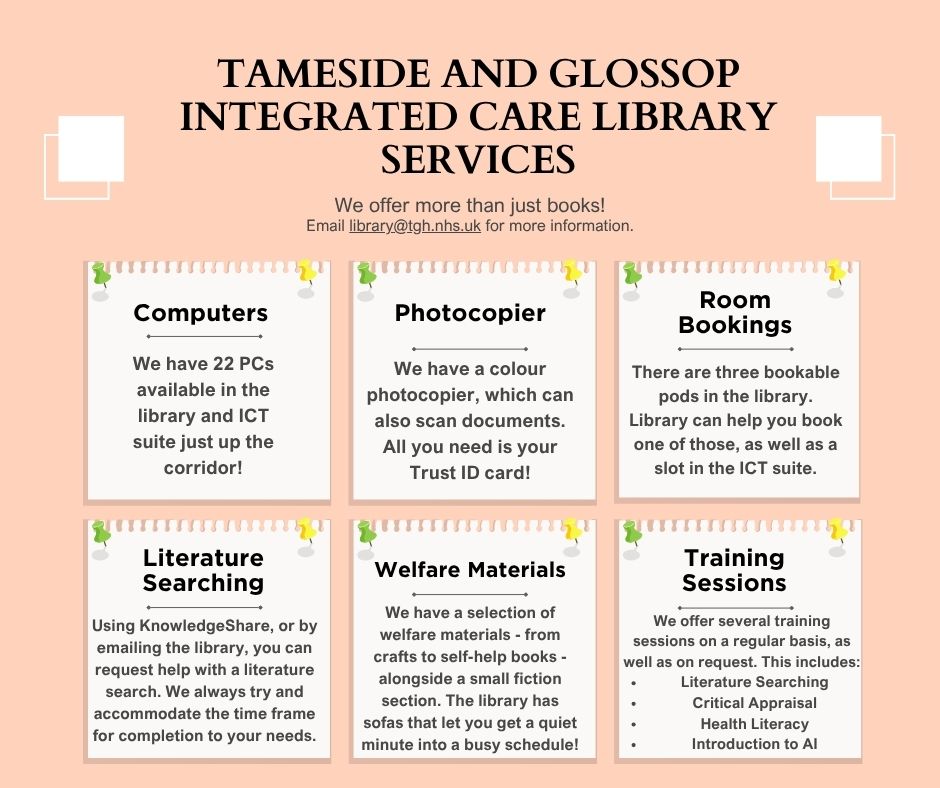 It's Libraries week! Do you know everything we have to offer in the Trust library? From PC access to printing, books to room bookings and searching and training - see the details below.