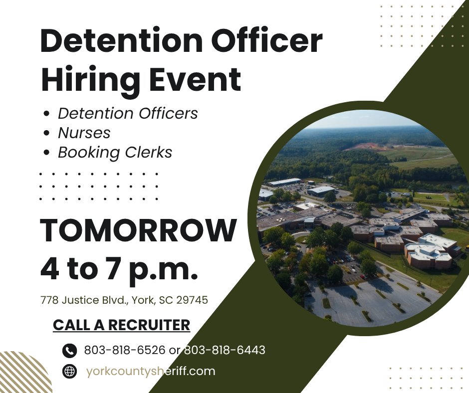 TOMORROW! Our quarterly hiring event is from 4 to 7 p.m. at 778 Justice Blvd.  Come talk with us and get your first interview. Come be part of the team.
#YCSONews #Careers