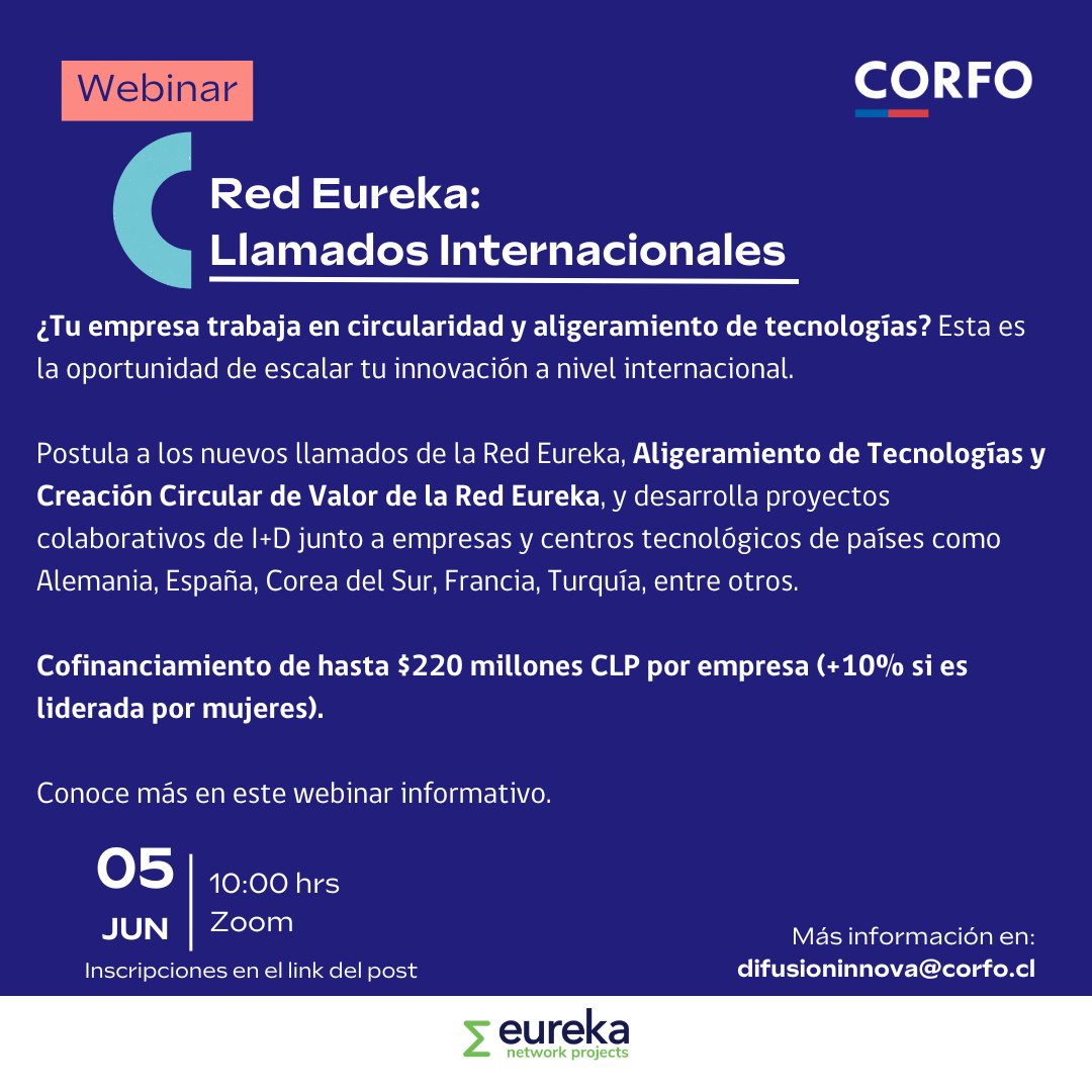 Si te interesa colaborar con empresas de otros países en proyectos de circularidad y aligeramiento de tecnologías, descubre las oportunidades que abre la <a href="/EUREKA_NETWORK/">Eureka</a> en el próximo webinar del 05/06 🧑‍💻 

Inscripciones 👉 us02web.zoom.us/meeting/regist…