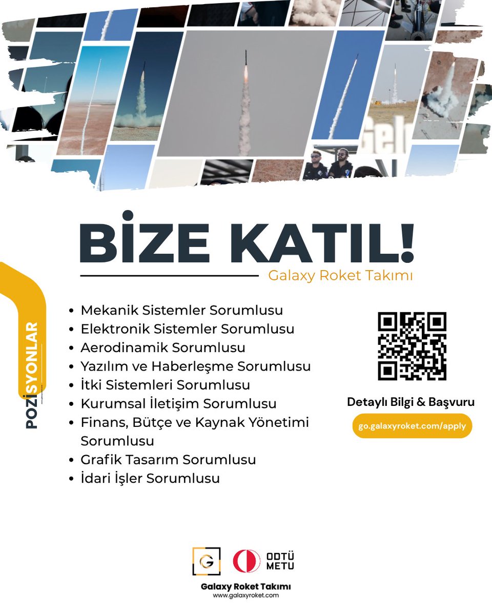 Yeni Takım Arkadaşları Arıyoruz! 🚀 

Ulusal ve uluslararası platformlarda mühendislik projeleri geliştireceğimiz yeni takım arkadaşlarımızı arıyoruz. 

Başvuru ve açık pozisyonlar için;
Başvuru 🔗 : go.galaxyroket.com/apply 
Bilgi Dokümanı 📄 : drive.galaxyroket.com/inf