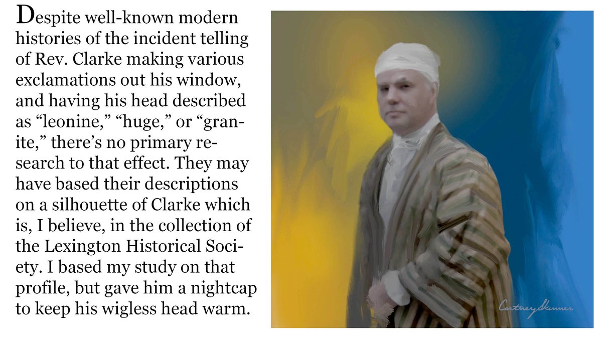 My study of the Rev. Clarke who’ll be placed in the upstairs right window of his house. Various Revere bios add colorful “extrapolation” about the Reverend’s reaction to Revere’s arrival that evening, but with no primary evidence, I’ll have him just gazing down at the hubbub.
