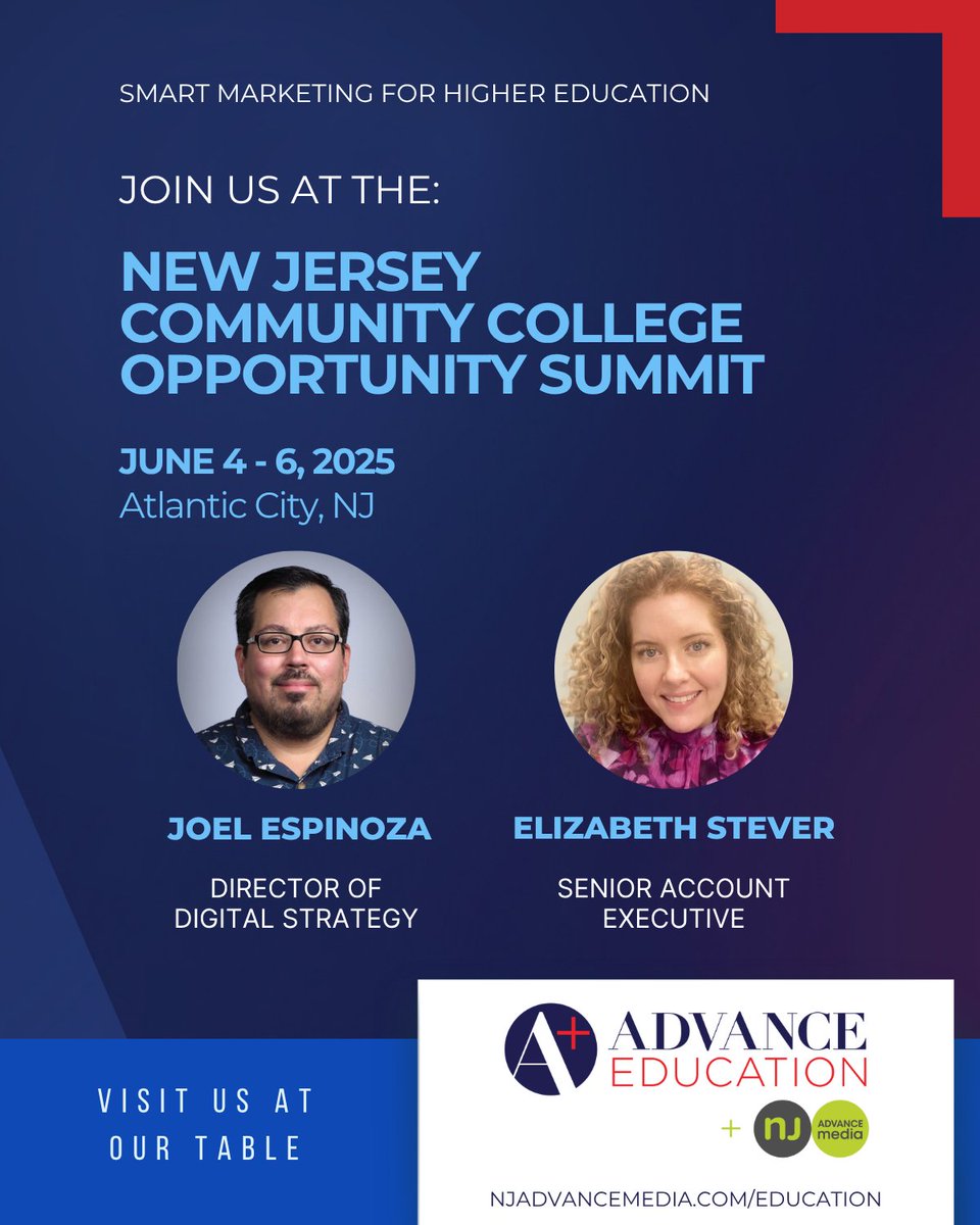NJAdvanceMedia's tweet image. We’re proud to sponsor the NJ's Community Colleges Opportunity Summit 2025!  If on site, visit our table to learn more about how Advance Education + NJ Advance Media can help your institution.

We hope to see you in AC!

#UnlockingOpportunity #NJCCOS2025 #AdvanceEducation