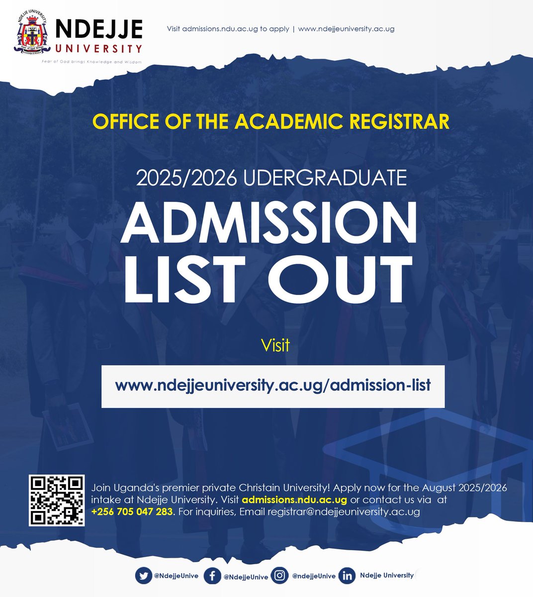 Office of the Academic Registrar
The Provisional Admission List for 2025/2026 is now out! 📝
 Check your admission status and next steps here:
👉 ndejjeuniversity.ac.ug/admission-list/
Begin your journey with excellence, integrity, and purpose.
#NdejjeLawFaculty #JoinNdejje2025  #Admissions2025