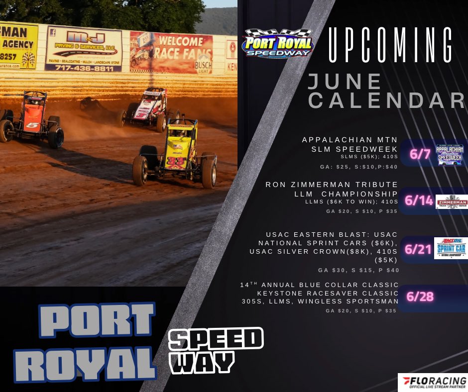 Port Royal Speedway #SpeedPalace (@portroyalspdway) on Twitter photo 🏁 A fun month ahead 🏁
Appalachian Mountain Speed Week to open the month this weekend, a big one for the Zimmerman Truck Repair limited late models, <a href="/USACNation/">USAC Racing</a> come to town for a highly anticipated weekend, and <a href="/PASprintSeries/">PA Sprint Series</a> close the month out! 🏁 A fun month ahead 🏁
Appalachian Mountain Speed Week to open the month this weekend, a big one for the Zimmerman Truck Repair limited late models, <a href="/USACNation/">USAC Racing</a> come to town for a highly anticipated weekend, and <a href="/PASprintSeries/">PA Sprint Series</a> close the month out!