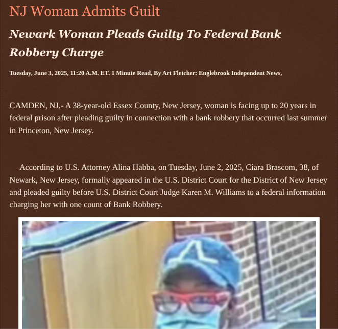 ArtFletcher9's tweet image. NJ Woman Admits Guilt englebrookindependentnews.com/2025/06/03/nj-… via @Englebrooknews #NewJersey #mercercountynj #princetonnj #federal #guiltyplea #bank #robbery #exxexcountynj #newarknj #tdbank @wireless_step @HRG_Media @LodiNJNews @SugarMAGA @fordmb1 @SarahGeving1 @Shannon96574094 @Daytobehappy