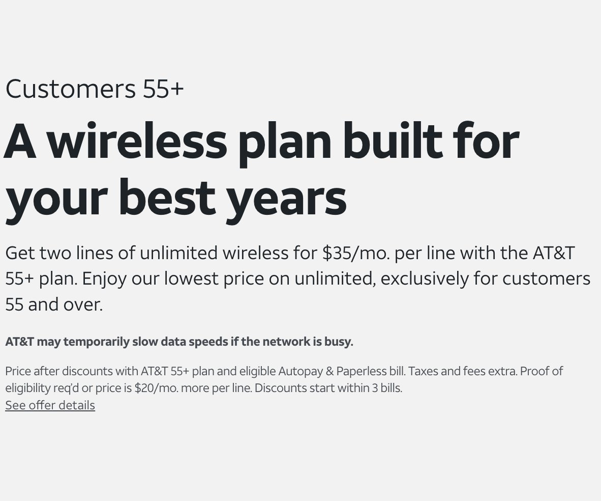 maxhietpas_'s tweet image. AT&T now has a 55+ plan!
-$40/mo for 1 line or $70/mo for 2 lines
-Unlimited deprioritized data
-10GB Hotspot
-Mexico and Canada roaming
-480p Video Streaming
There'a also a bundle where you can get 2 lines on this plan and AT&T Fiber 300mbps or Internet Air for $100/mo.…
