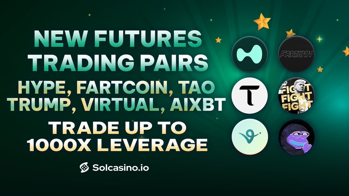 Trade $HYPE, $FARTCOIN, $TAO, $TRUMP, $VIRTUAL and $AIXBT with up to 1,000x Leverage. 📈

Only on Solcasino. 🎲 

Reply with your favorite coin from the list for a chance to win $100 $USDC!