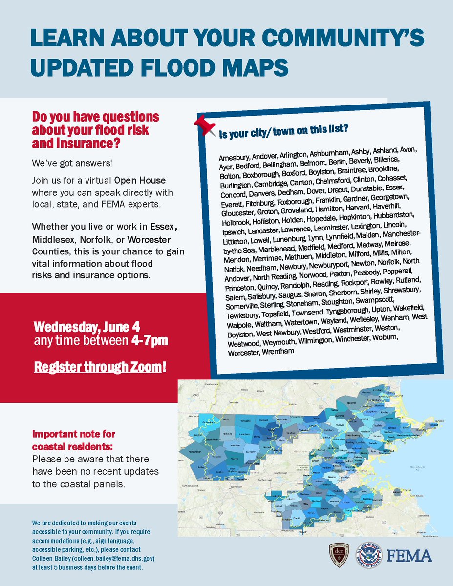 Learn about the updated flood maps for our community. FEMA will hold a virtual open house on Wednesday, June 4, from 4:00 pm to 7:00 pm (log on any time), where residents can ask questions about the new FEMA flood maps. Register through Zoom here: bit.ly/4kpyGZd