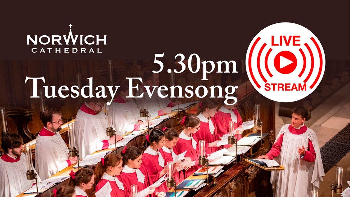 🎶 🙏 Live from Norwich Cathedral, Tuesday 3rd 🙏 🎶

We will be #live at 5.30pm for Evensong sung by the Norwich Cathedral Choir.

Watch live or on catch up on our YouTube Channel on the link ⬇️

> bit.ly/Norwich-Cathed…

Remember to subscribe so you don't miss other services
