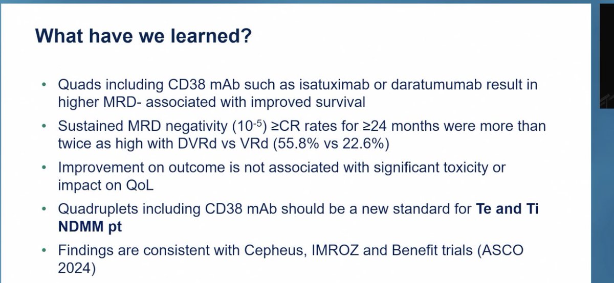 Daniel Auclair (@auclairdan) on Twitter photo #ASCO25 Tuesday myeloma session. As nicely summarized by <a href="/SLentzsch/">Suzanne Lentzsch, MD, PhD</a> studies presented this morning re-emphasize that anti-CD38 quads should be the new SoC in NDMM, whether transplant eligible or not. Quads led to higher sustained MRD negativity rates & outcome even in HR #mmsm #ASCO25 Tuesday myeloma session. As nicely summarized by <a href="/SLentzsch/">Suzanne Lentzsch, MD, PhD</a> studies presented this morning re-emphasize that anti-CD38 quads should be the new SoC in NDMM, whether transplant eligible or not. Quads led to higher sustained MRD negativity rates & outcome even in HR #mmsm