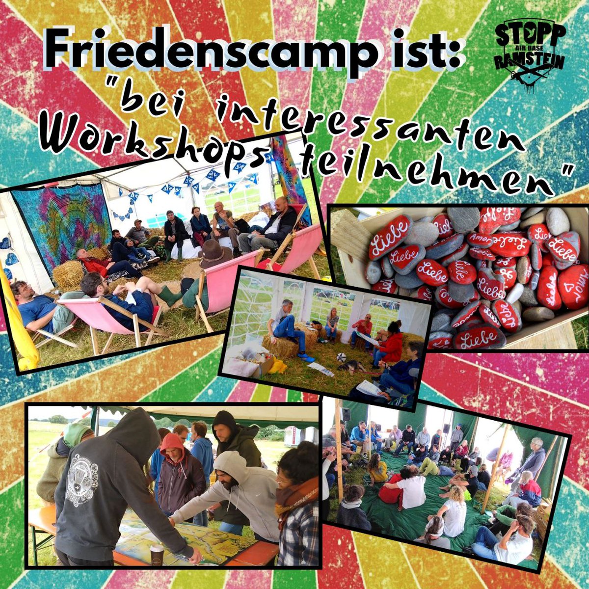 Jedes Jahr gibt es in der Friedenswerkstatt viele Workshops zum Thema Frieden, Krieg, Gesellschaft.. 

Mehr Infos:
stoppramstein.de/friedenscamp-2…

🙌 Wir freuen uns, wenn viele Menschen teilnehmen. 🫶

🤍  Friedenswoche 22.06. - 29.06.2025 🕊️

⛺ Anmelden 🫴 :  ticket.stoppramstein.de