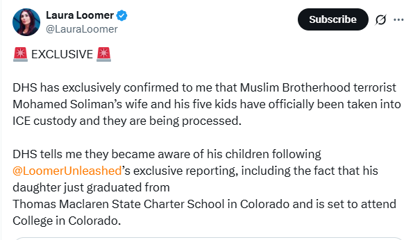 AmericanPapaBear (@americapapabear) on Twitter photo BREAKING NEWS:
The family of Mohamad Soliman has been taken into ICE custody including his daughter who just graduated from a Colorado Springs school.
GET THEM OUT OF HERE!!!
<a href="/LauraLoomer/">Laura Loomer</a> BREAKING NEWS:
The family of Mohamad Soliman has been taken into ICE custody including his daughter who just graduated from a Colorado Springs school.
GET THEM OUT OF HERE!!!
<a href="/LauraLoomer/">Laura Loomer</a>