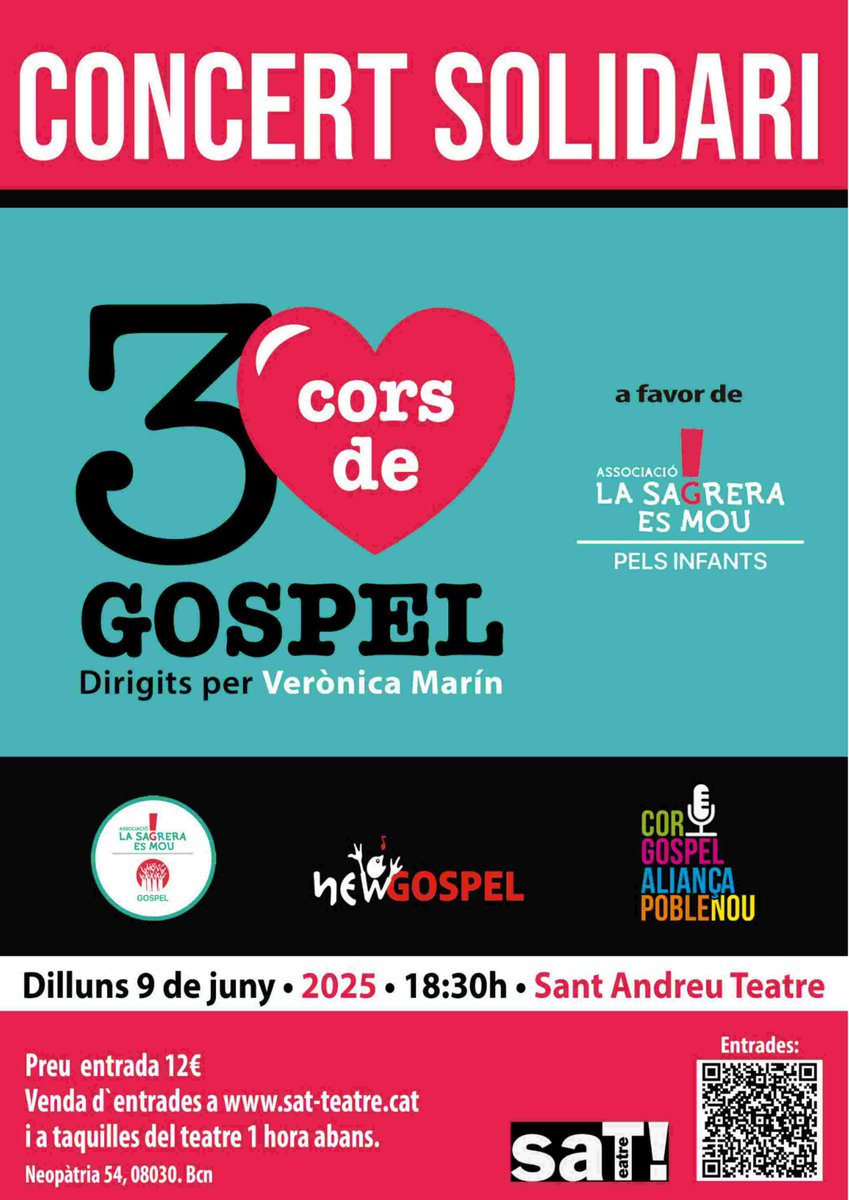 📍 Concert Solidari - 3 cors de Gòspel

Tres cors, una sola veu per una gran causa: els infants de La Sagrera es Mou.

📅 Dilluns 9 de juny de 2025
🕡 18:30 h
📌 Sant Andreu Teatre
🎟️ Entrada: 12 €
🎫 Entrades: sat-teatre.koobin.cat/?action=PU_eve…
o a taquilla (C/ Neopàtria 54, BCN)