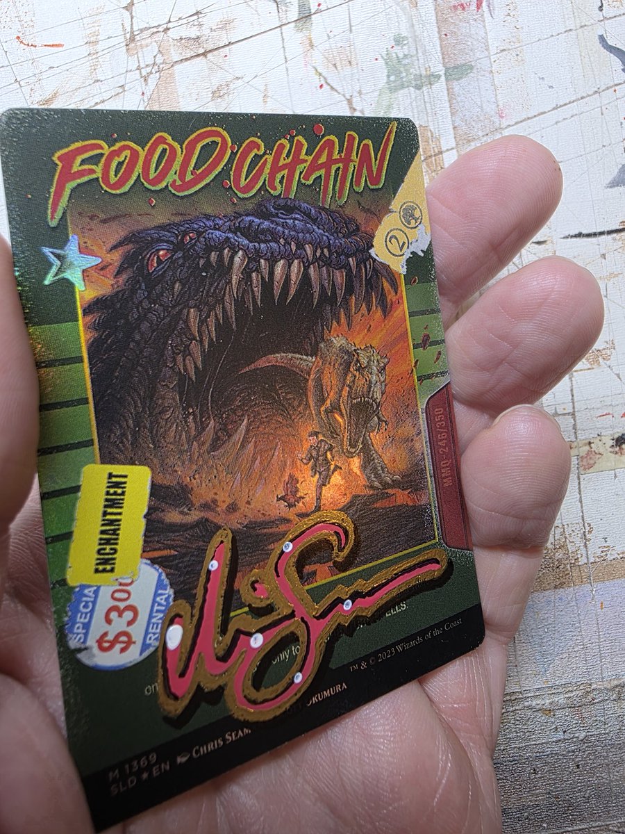 Dino sketch on the back of a #MTG Food Chain artist proof with specialty sig.