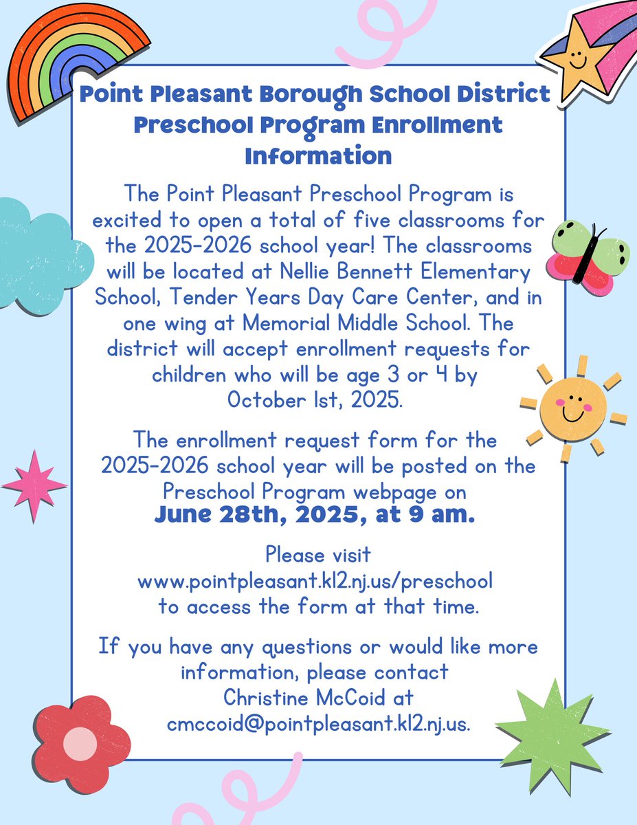 The Preschool enrollment request form for the 2025-2026 school year will be posted on our website on June 28th, 2025, at 9 am. Please visit pointpleasant.k12.nj.us/preschool for more information! #PantherPath