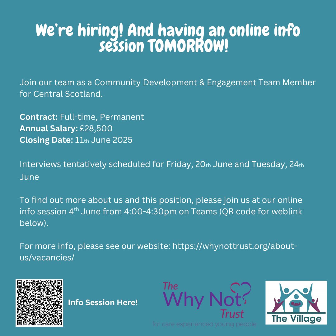 Thinking about joining our team? We’re hosting an Online Info Session TOMORROW about our new role:

Community Development &amp; Engagement – Central Scotland

🗓️ Wed 4 June | 🕓 4–4:30PM
🔗 For job info and online session weblink: whynottrust.org/about-us/vacan…