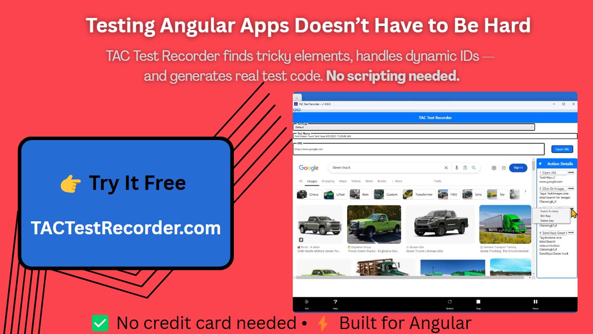 trakadvcorp's tweet image. Flaky tests got you down?
Struggling with Angular’s dynamic selectors?
💥 TAC Test Recorder handles it — no scripts, no stress.
🌍 Built for modern web apps.
Try it FREE: TACTestRecorder.com
#QAForEurope #AngularTesting #ClickToCode #TACRecorder #AutomationTools