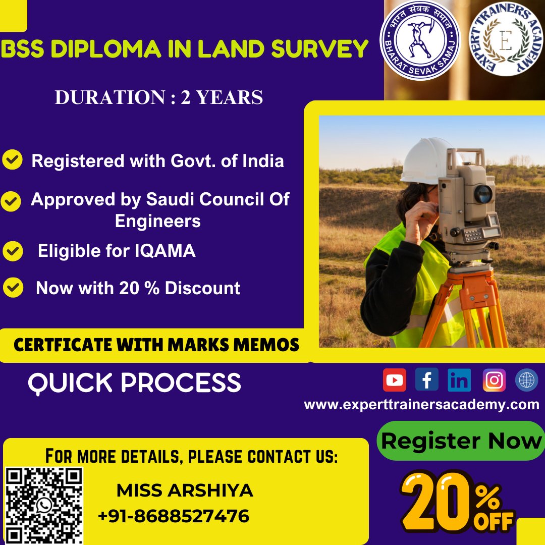 arshiyaexpert's tweet photo. 👷 𝐁𝐒𝐒 𝐃𝐈𝐏𝐋𝐎𝐌𝐀 𝐈𝐍 𝐋𝐀𝐍𝐃 𝐒𝐔𝐑𝐕𝐄𝐘
🗓️ 𝐃𝐮𝐫𝐚𝐭𝐢𝐨𝐧: 𝟐 𝐘𝐞𝐚𝐫𝐬 𝐃𝐢𝐩𝐥𝐨𝐦𝐚
+91 8688527476
https://t.co/pmVQ47FnY5
#OSHA30Hours #WorkplaceSafety #SafetyTraining #OSHACertification #ScaffoldingSafety #PPE #ConfinedSpaceSafety #WorkPermitSystem https://t.co/jvOABH9XEB