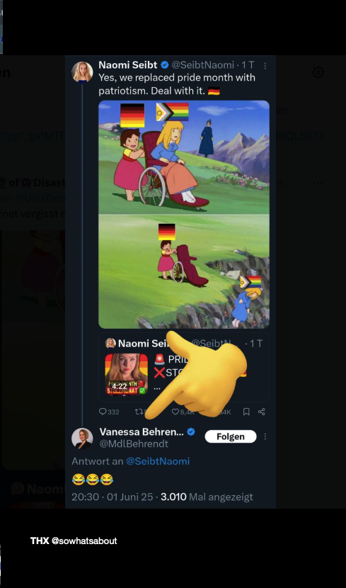 Während Vanessa <a href="/MdlBehrendt/">Vanessa Behrendt MdL</a> sich ja ständig für "Kinderschutz" einsetzt, findet sie es lustig, wenn LGBTQ-Kinder von der Klippe gestürzt werden🤮Was sagt das <a href="/BfV_Bund/">Bundesamt für Verfassungsschutz</a> dazu?