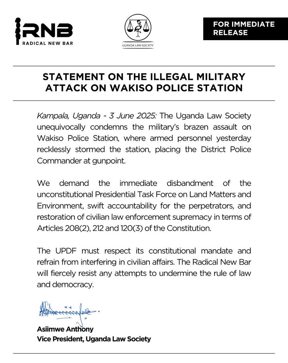 Uganda Law Society (@ug_lawsociety) on Twitter photo #RadicalNewBar: Our STATEMENT on the illegal military attack on Wakiso Police Station. <a href="/MODVA_UPDF/">Uganda Peoples' Defence Forces</a> <a href="/PoliceUg/">Uganda Police Force</a>
#BangTheTable
#BackOnTrack
#RNBVision2060 #RadicalNewBar: Our STATEMENT on the illegal military attack on Wakiso Police Station. <a href="/MODVA_UPDF/">Uganda Peoples' Defence Forces</a> <a href="/PoliceUg/">Uganda Police Force</a>
#BangTheTable
#BackOnTrack
#RNBVision2060