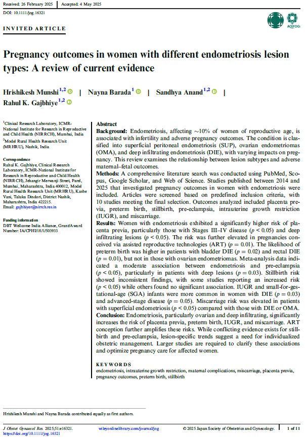 ICMR-NIRRCH (@icmrnirrch) on Twitter photo #PublicationAlert
New invited review in JOGR:
#Endometriosis lesion types & pregnancy outcomes
- DIE & advanced-stage disease ↑ risk of placenta previa, preterm birth, IUGR
- Lesion-specific care needed
Full-text: doi.org/10.1111/jog.16…
<a href="/India_Alliance/">DBT/WT India Alliance</a>
#MaternalHealth #ReproMed #PublicationAlert
New invited review in JOGR:
#Endometriosis lesion types & pregnancy outcomes
- DIE & advanced-stage disease ↑ risk of placenta previa, preterm birth, IUGR
- Lesion-specific care needed
Full-text: doi.org/10.1111/jog.16…
<a href="/India_Alliance/">DBT/WT India Alliance</a>
#MaternalHealth #ReproMed