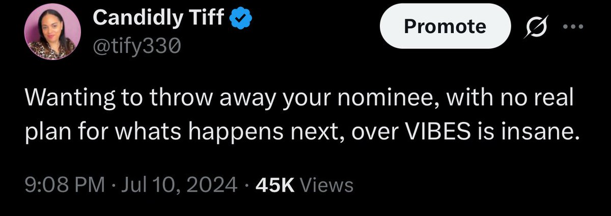 I was very clear why I didn’t want Biden to drop: 

1) The Biden drop out brigade had no plan 
2) I knew they didn’t want Kamala 
3) This country is sexist &amp; racist at its core
4) The timing was terrible