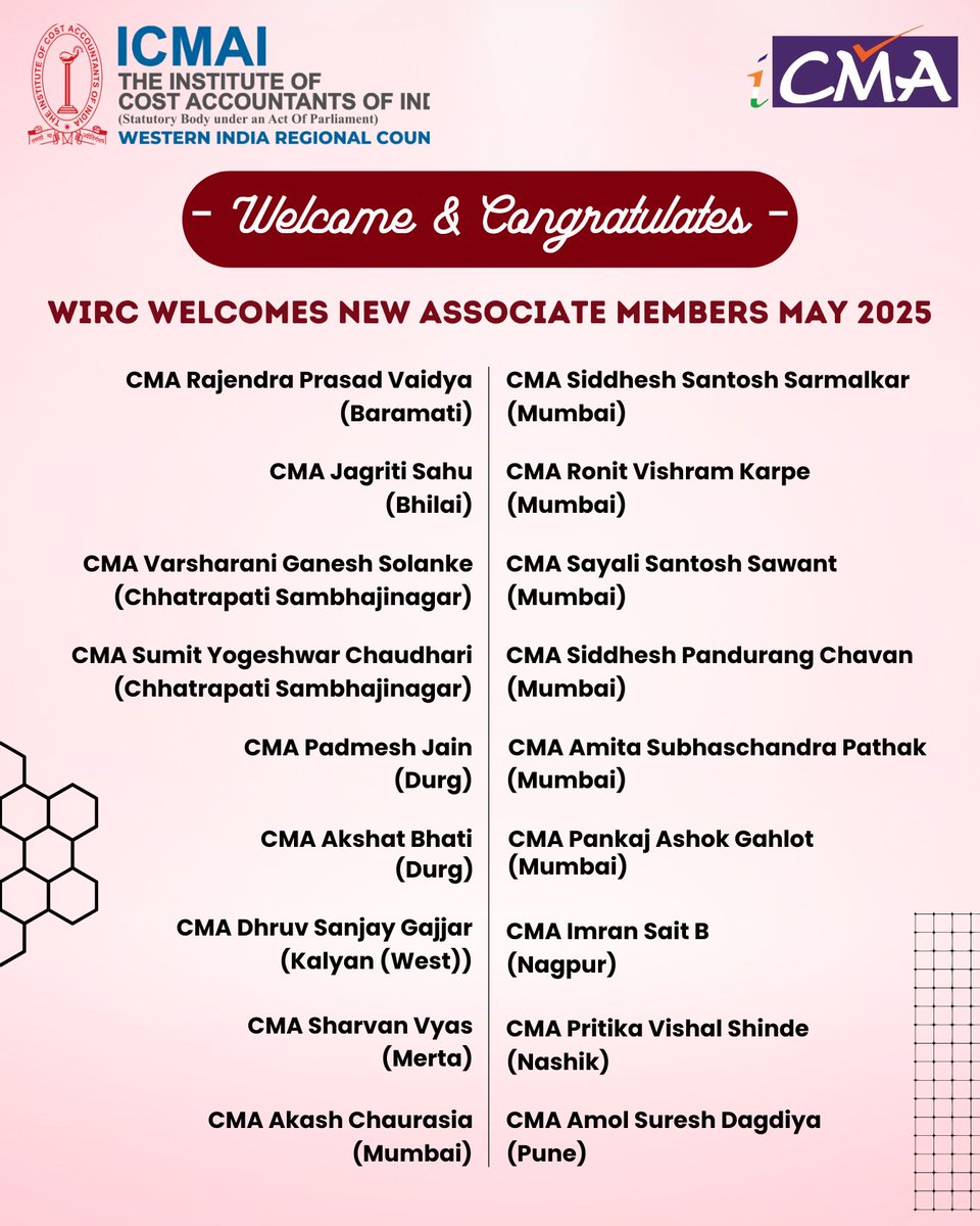 icmaiwirc's tweet photo. ๐ WIRC Welcomes New Stars!
Cheers to our newest Associate Members โ May 2025! ๐
Your CMA journey begins now. Letโs lead, grow & thrive together! ๐
โ ICMAI-WIRC Office Bearers
#cmaindia #icmaiwirc #newbeginnings #cmapride #wircwelcome #may2025batch https://t.co/heRcH0oATZ
