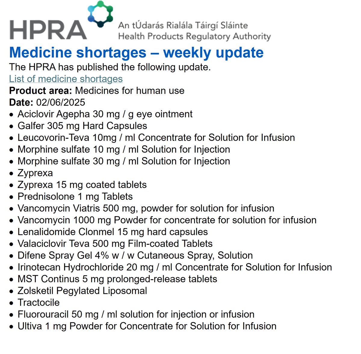 HPRA Medicine Shortages-June2025
@academic_GP_Irl <a href="/NEGPTraining/">NE GP Training</a> <a href="/TrinityGPs/">Trinity GP Training</a> <a href="/GpTrainees/">ICGP Trainee Network</a> <a href="/GPTrainee1/">GP Trainee</a>
<a href="/ucdgpgroup/">UCD GP Interest Group</a> @nuigpsociety
<a href="/thegpclub_/">The RCSI GP Club</a> <a href="/ULGPIG/">UL GP Interest Group</a> <a href="/tcdgpsoc/">TCDGPSOC</a> <a href="/UCC_GP/">UCC GP</a>
<a href="/MichelleMPS/">Michelle-Herbert</a>