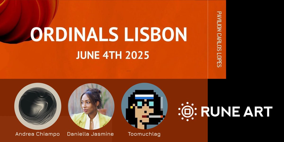 RuneArt (@runeart_io) on Twitter photo GM Lisbon 🇵🇹. Find us at <a href="/NFCsummit/">NFC SUMMIT - LISBON - JUNE 4-6 2025</a> <a href="/OrdinalsLisbon/">OrdinalsLisbon | June 4th, 2025</a>!
Half of the ‘TIMESTAMPS’ team is speaking at Ordinals Lisbon tomorrow.
Earlier this year, we introduced a new concept, merging Ordinals and Runes to decentralize 1-of-1 artworks into networked cultural artifacts. GM Lisbon 🇵🇹. Find us at <a href="/NFCsummit/">NFC SUMMIT - LISBON - JUNE 4-6 2025</a> <a href="/OrdinalsLisbon/">OrdinalsLisbon | June 4th, 2025</a>!
Half of the ‘TIMESTAMPS’ team is speaking at Ordinals Lisbon tomorrow.
Earlier this year, we introduced a new concept, merging Ordinals and Runes to decentralize 1-of-1 artworks into networked cultural artifacts.