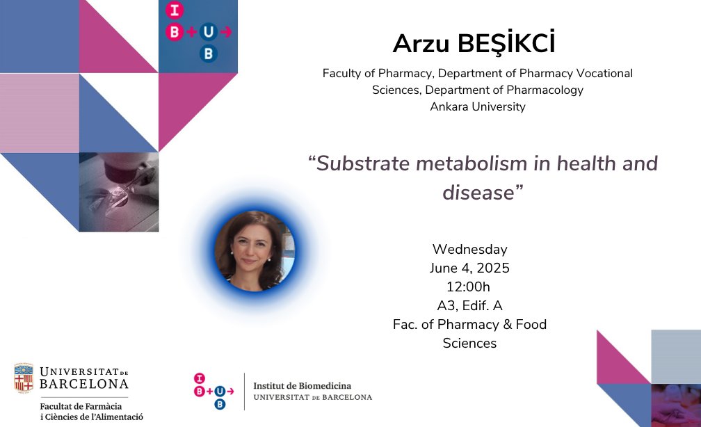 IBUB-UB (@ibub_ub) on Twitter photo TOMORRW! #IBUBSeminar "Substrate metabolism in health and disease" by Arzu BEŞİKCİ <a href="/AnkaraUni_en/">Ankara University</a>
🗓️Wed 4
⏰12:00h
🚩A3, <a href="/Farmacia_UB/">Facultat de Farmàcia i Ciències de l'Alimentació</a> TOMORRW! #IBUBSeminar "Substrate metabolism in health and disease" by Arzu BEŞİKCİ <a href="/AnkaraUni_en/">Ankara University</a>
🗓️Wed 4
⏰12:00h
🚩A3, <a href="/Farmacia_UB/">Facultat de Farmàcia i Ciències de l'Alimentació</a>